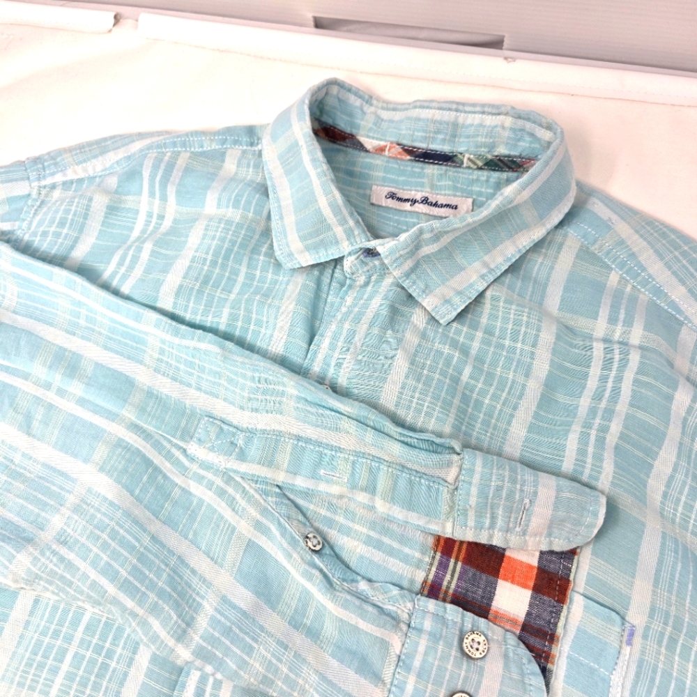 Tommy Bahama‎ Long Sleeve Linen Flip Cuff Shirt Sea Green Plaid Men's Size L